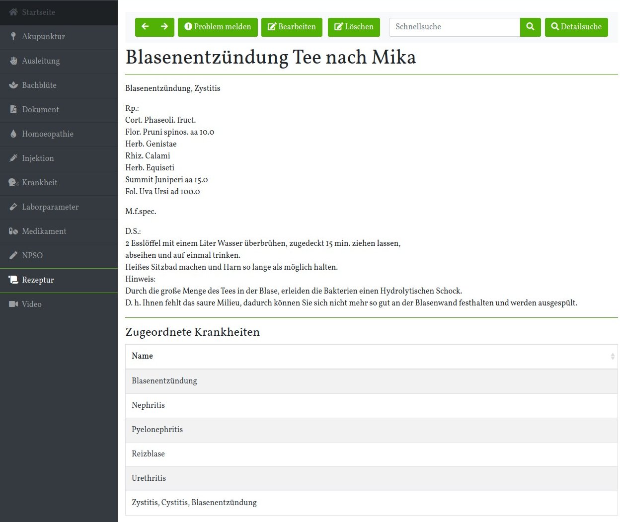 Ansicht der Rezepturen Seite